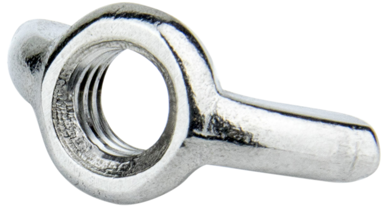 Lähikuva Kupo KS-291 3/8"-16 ruostumattomasta teräksestä valmistetusta siipimutterista (5 kpl), jossa on kaksi litteää siipeä pulttien tai ruuvien käsin kiristämistä varten. Keskimmäinen kierrereikä on selvästi näkyvissä.