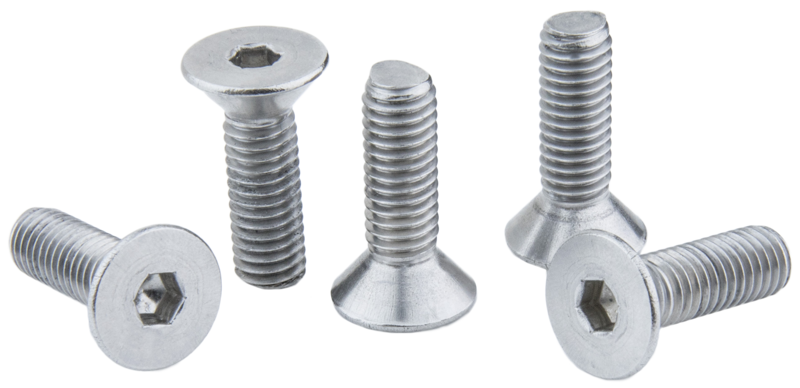 Viiden Kupo KS-293 3/8"-16UNC x 1-1/4" ruostumattoman kuusikulmaisen litteäpäisen ruuvin sarja on järjestetty valkoiselle taustalle, osa makaa litteänä ja osa on pystyssä, jotta niiden kierteet ja kuusikulmaiset hylsyt tulevat näkyviin.