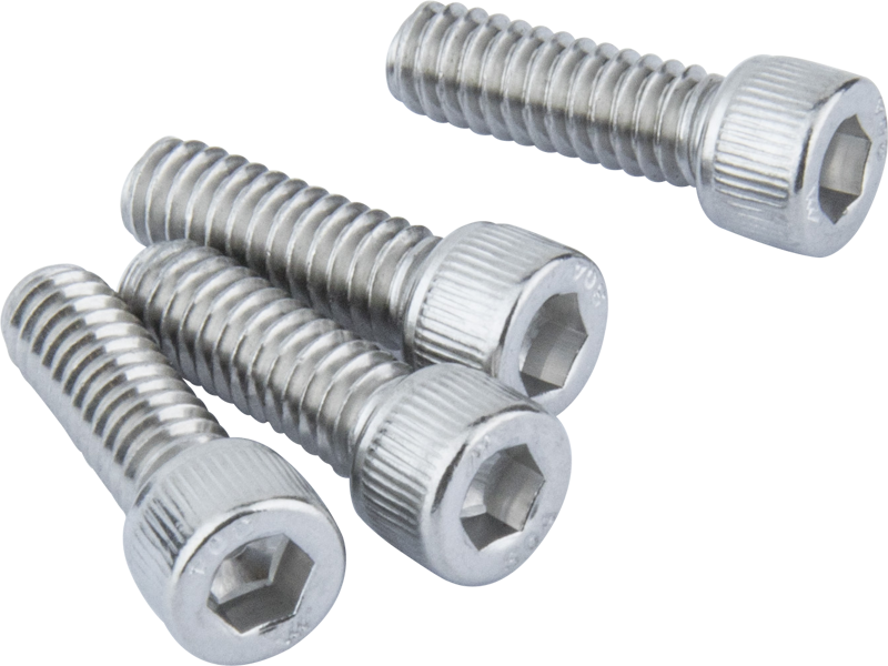 Neljä Kupo KS-294 1/4"-20 ruostumattomasta teräksestä valmistettua kuusiokoloruuvia (3/4", 4 kpl) on sijoitettu hajanaiseksi ryhmäksi vaalealle taustalle, jolloin niiden metalliset, harjalliset lieriömäiset päät ja näkyvä kierteitys tulevat esiin.
