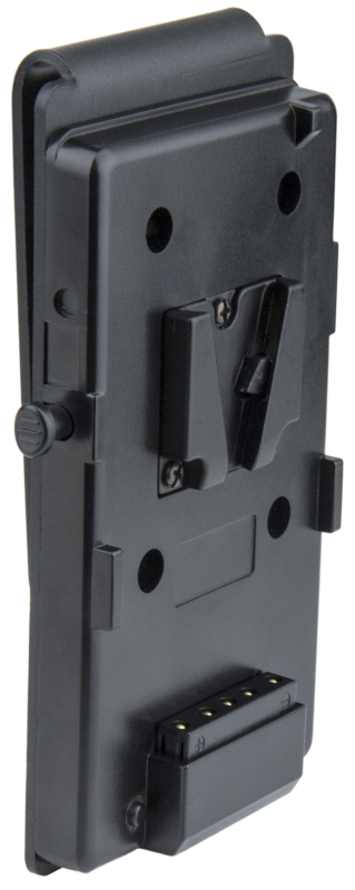 Kupo KS-314B V-Mount Battery Holder for Tethermate on musta muovinen laite, jossa on pidike, useita liittimiä ja nastoja, suorakulmainen muoto, pyöristetyt reunat, ruuvinreiät ja joka on nähtävissä takaa.