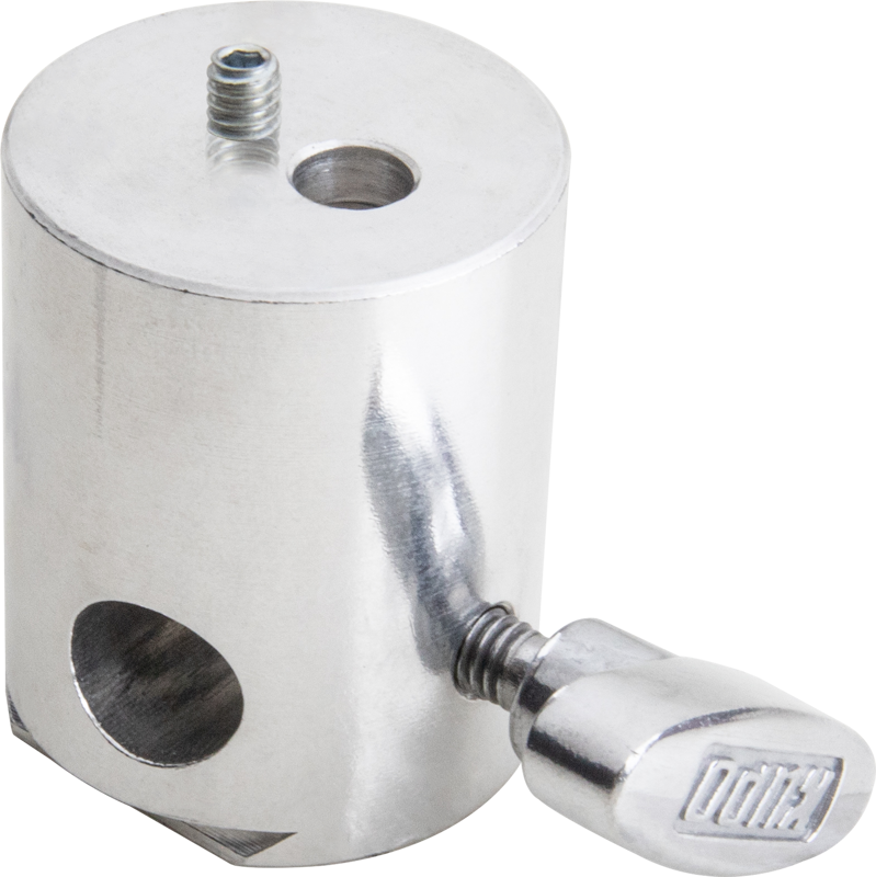 Kupo KS-319 ARCA Swiss Type Base for Tethermate on sylinterimäinen metallinen kiinnitin, jossa on kaksi pyöreää reikää ja sivussa sormiruuvi ja jota käytetään komponenttien kiinnittämiseen tai yhdistämiseen. Kuvassa on tavallinen tausta.