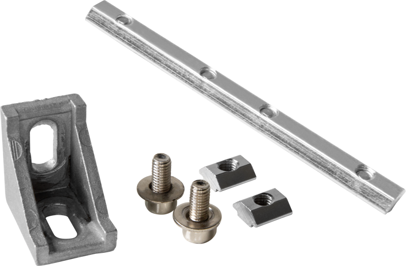 Kupo KS-340 Connecting Set For Headset Mounting Bracket, joka sisältää metallisen kiinnikkeen, uraliuskan, kaksi ruuvia aluslevyineen ja kaksi suorakulmaista mutteria, on järjestetty valkoiselle taustalle.