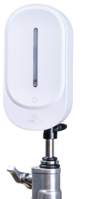 Kupo KS-350 Auto Hand Sanitizer Dispenser with Stand Top (16mm) Mounting on valkoinen, seinäasennettava yksikkö, jossa on painike ja anturikuvake etupuolella ja joka on kiinnitetty tukevasti metallitelineeseen.