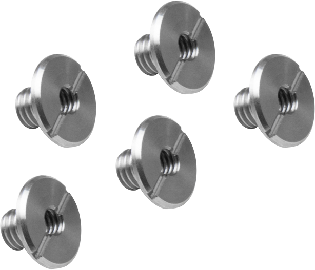 Viiden Kupo KS-361 Ruostumattomasta teräksestä valmistetun, uritetun 3/8"-16 mm:n ristipääruuvin sarja on järjestetty vaaleanharmaalle taustalle.