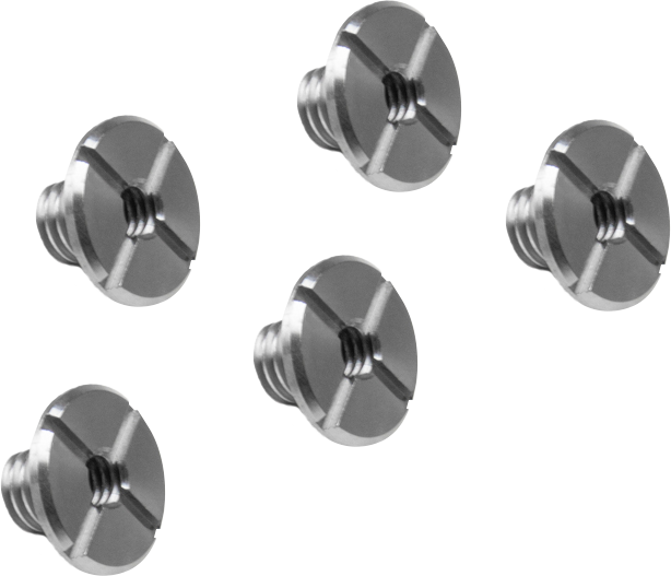 Viiden Kupo KS-362 ruostumattomasta teräksestä valmistetun 3/8"-16 mm:n ruuvin sarja on järjestetty vaaleaa taustaa vasten.