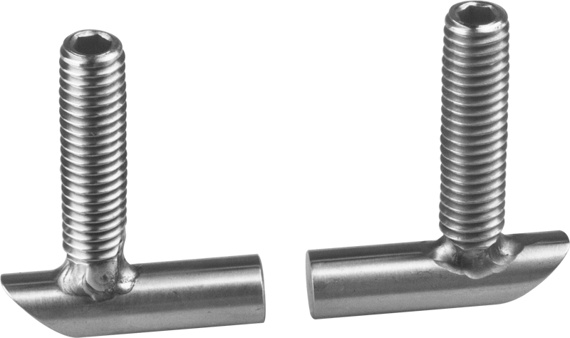 Kupo KS-370 Ruostumattomasta teräksestä valmistettu pyöreä runkokäynnistin (2 kpl) sisältää kaksi lyhyttä sylinterimäistä tankoa, joissa on kohtisuoraan hitsatut 3/8"-16 uroskierteiset pultit, ja kumpikin tanko on esitetty vaakasuorassa pultit ylöspäin valkoisella pohjalla.