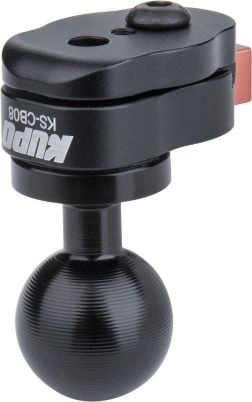 Lähikuva KUPO KS-409 -pikakiinnikkeestä, jossa on 26 mm:n kuula ja 1/4"-20-kierre, joka on suunniteltu kameran tai valaisimen kiinnittämiseen turvallisesti.