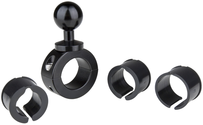 KUPO KS-413 Aluminum Bar Mount -kiinnikkeessä on musta, pallokärkinen kiinnike, jossa on kolme muovista välikappaletta säädettävää asennusta varten, vaaleaa taustaa vasten.