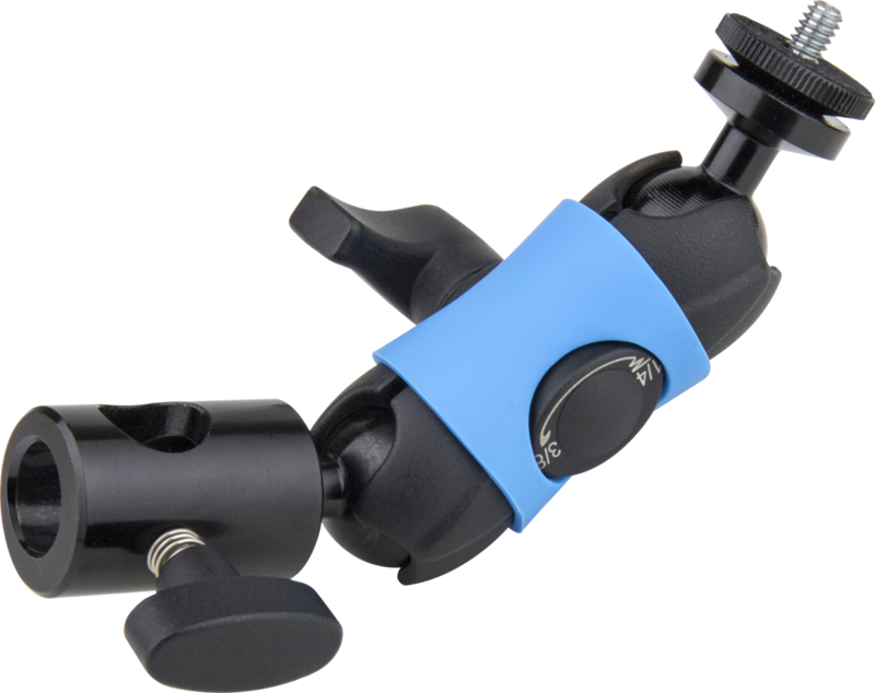 KUPO KS-472 Super Knuckle with Baby Receiver on musta säädettävä kiinnityspuristin, jossa on sininen kumikahva ja jossa on nupit ja ruuvikiinnikkeet varusteiden kiinnittämiseen ja sijoittamiseen.