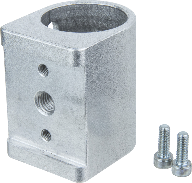 KUPO KS-529 Gas Spring Arm Adapter for Super Convi Clamp on metallinen suorakaiteen muotoinen kiinnike, jossa on suuri pyöreä yläaukko ja kaksi kierteitettyä reikää edessä.
