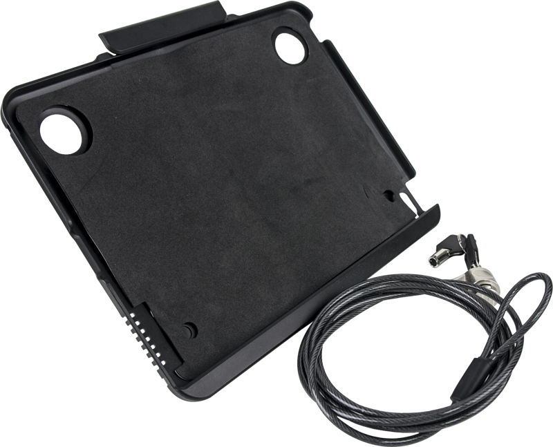 KUPO KS-550 Tablet Security Holder with Lock on musta kotelo, jossa on kaksi pyöreää aukkoa ja latausaukko, kuvassa lukolla varustetun teräskaapelin vieressä.