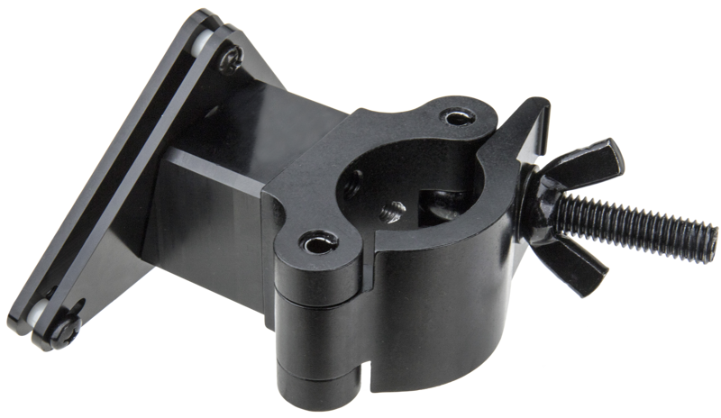 KUPO KS-590 iMac Truss Mount Clamp on musta metallinen siipimutteriruuvilla varustettu kiinnike, jossa on suorakulmainen pohjalevy ja kiinnitysmekanismi laitteiden tai komponenttien turvallista kiinnittämistä tai säätämistä varten.