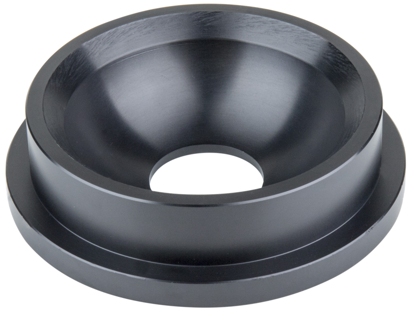 KUPO KS-659 Mitchell to 150mm Bowl Adapter on musta, metallinen, kulhon muotoinen laite, jossa on leveä reuna ja keskireikä ja jossa on sileä, heijastava viimeistely. Se on esitetty tavallisella valkoisella pohjalla.