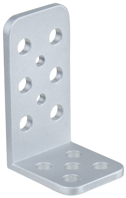 Kupo KS-2439L Mini L-Cheese-Plate (2.4" x 3.9") on hopeinen metallinen kiinnike, jossa on pyöristetyt reunat ja useita 3/8" ja 1/4" pyöreitä reikiä kummallakin puolella, suunniteltu rakenteiden liittämiseen tai tukemiseen.