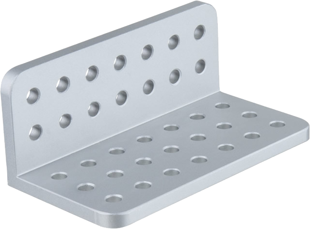Kupo KS-3139L Midi L-Cheese Plate (3,1" x 3,9") on hopeinen metallikannatin, jossa on useita 3/8" ja 1/4" reikiä molemmilla tasoilla, ihanteellinen asennukseen tai rakenteelliseen tukeen.