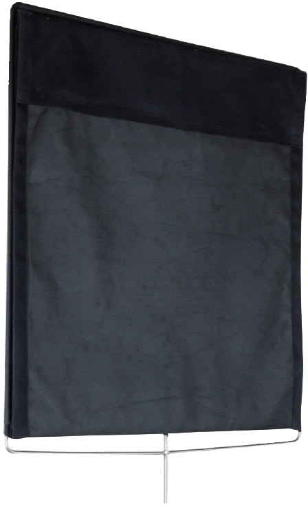 Kupo KT-4848TF 48 "x48" Top Hinge Floopy Full Frame Black -lippu näkyy mustana suorakulmaisena lippuna ohuella hopeisella tolpalla valkoista taustaa vasten.