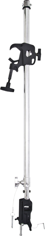 Kupo KTHU-0306 Teleskooppiripustin yleispäällä (90~180cm) on pystysuora hopeinen teline, jossa on säädettävä kiinnitin esineiden kiinnittämistä varten ja tukeva pohjakiinnitin telineen kiinnittämistä varten työpöytään.