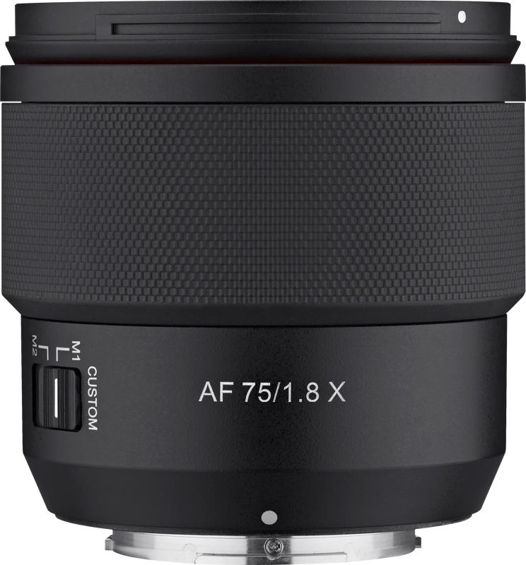 A close-up of the Samyang AF 75mm f/1.8 - Fuji X lens shows its black body with textured grip, CUSTOM and M/1/2 switches, AF 75/1.8 X marking and metal mounting ring at the bottom.