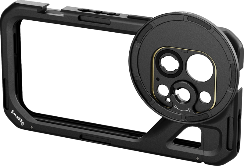The SmallRig 4396 Mobile Video Cage for iPhone 15 Pro is a black metal cage with a circular mounting plate and multiple slots for lenses and accessories, with the SmallRig logo in the bottom left corner.