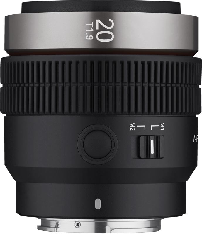 A close-up of the Samyang V-AF 20mm T1.9 - Sony FE lens shows the black grooved focus rings, the metal mount and the side switch marked M1 M2.