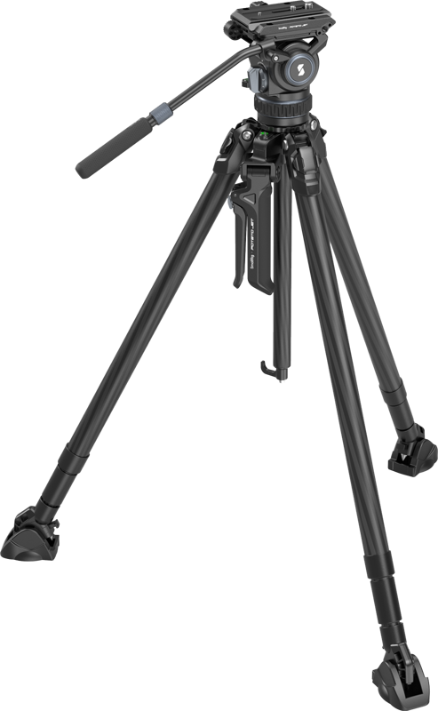SmallRig 4259 x Potato Jet Tribex Hydraulic Carbon Fiber Tripod Kit, musta kolmijalka, jossa on säädettävät jalat ja kallistettava pää, on kuvassa vaalealla taustalla.
