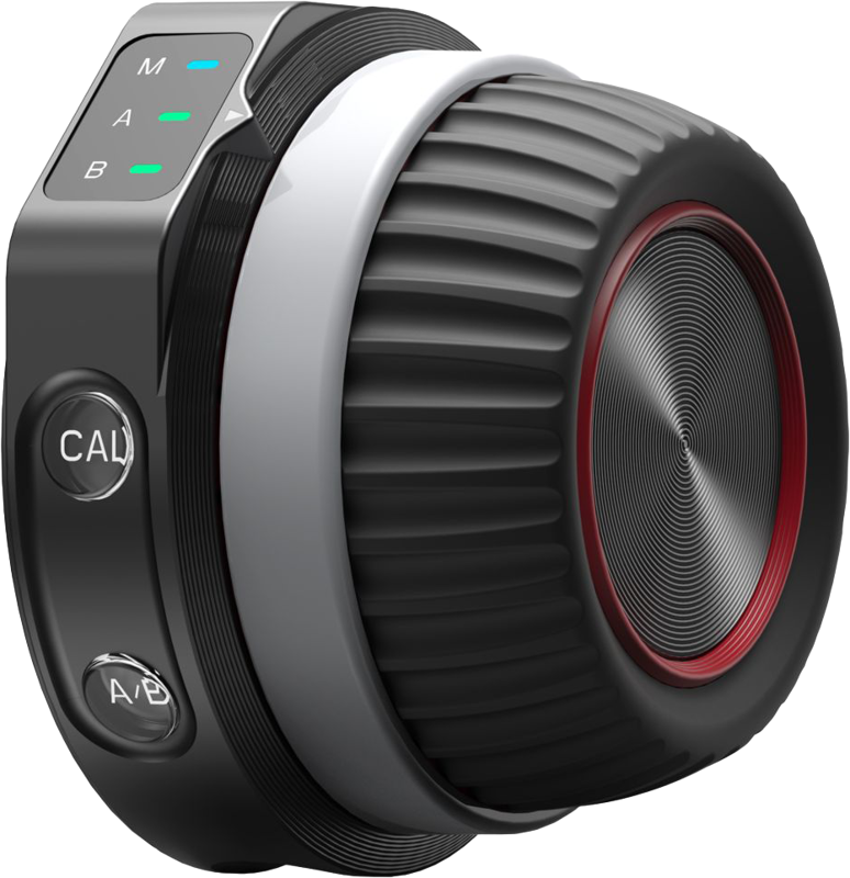 SmallRig 4295 Wireless Handwheel Controller (Lite) -ohjaimen lähikuvassa näkyy musta-hopea säätönuppi, jossa on kuvioitu kahva, punainen korostusrengas, CAL- ja A/B-painikkeet sekä merkkivalot, joissa on merkinnät M, A ja B.