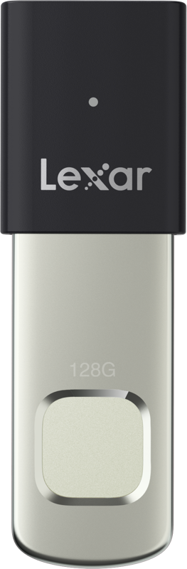 The Lexar JumpDrive Fingerprint F35pro USB 3.2 Gen1 is a 128GB flash drive with the Lexar logo on the black cap and silver body.