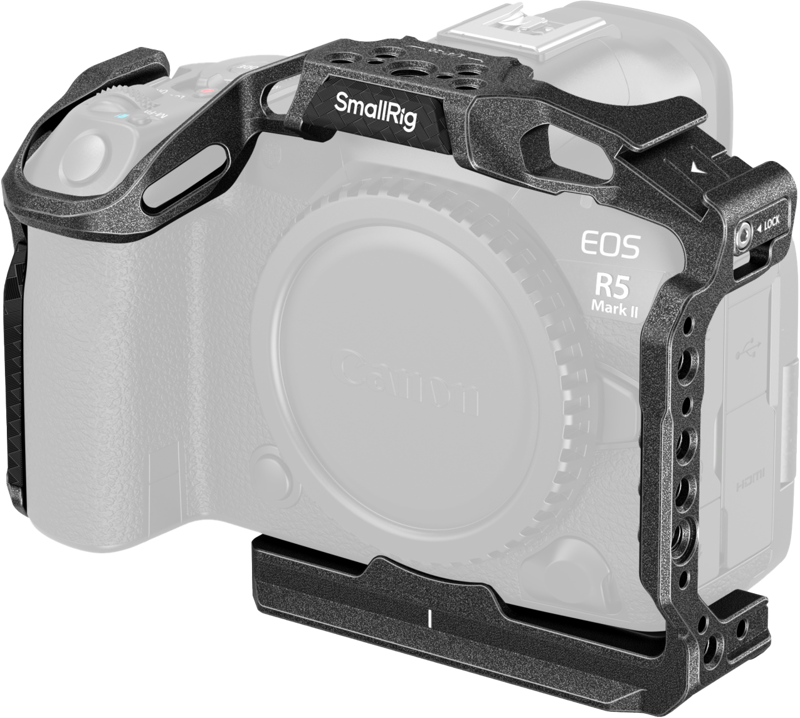 SmallRig 4975 Black Mamba Cage for Canon EOS R5 Mark II, pictured in partially faded camera, offers protection and versatile accessory mounting options.