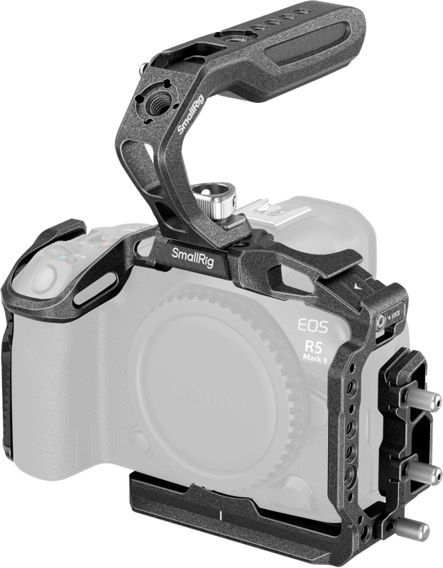 The SmallRig 4976 Black Mamba Cage Kit with top handle is mounted on a Canon EOS R5 Mark II mirrorless camera, shot without a lens against a white background.