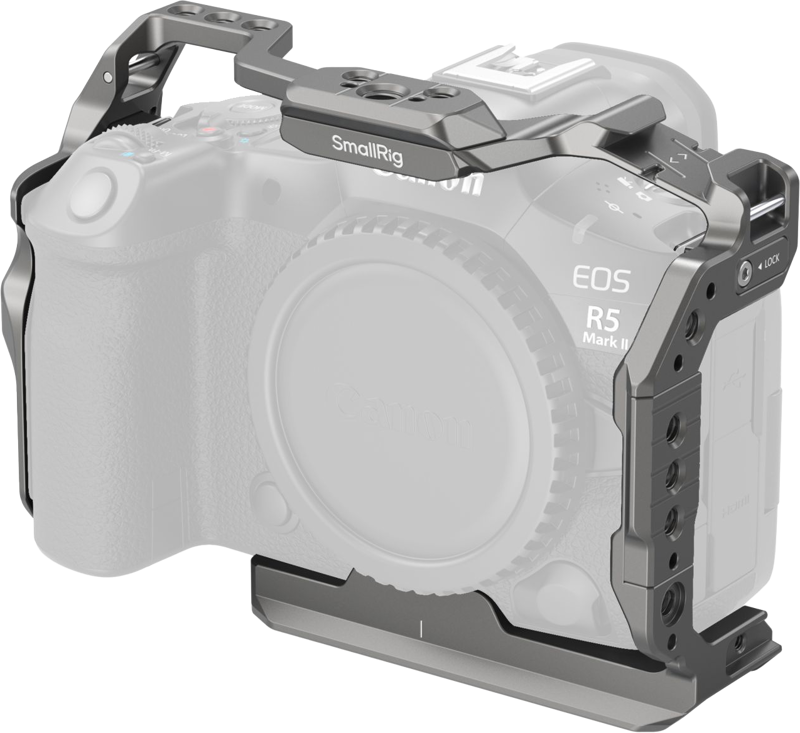 The SmallRig 4977 HawkLock quick release cage for the Canon EOS R5 Mark II increases camera protection and mounting options while keeping all buttons and controls accessible.