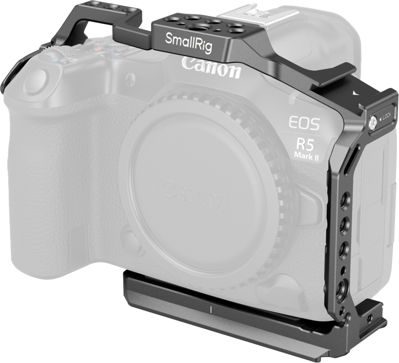 SmallRig 4978 Cage for Canon EOS R5 Mark II on asennettu harmaaseen Canon EOS R5 Mark II -kameraan, ja häkin suojaava muotoilu ja useat lisävarusteiden kiinnityspisteet tulevat esiin.