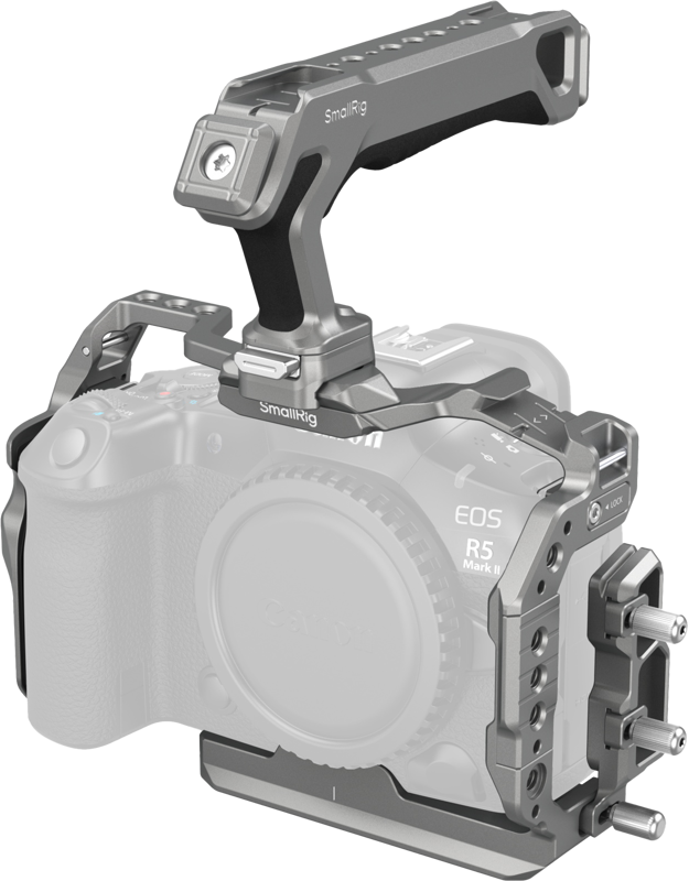 Canon EOS R5 Mark II -kameraan kiinnitettävässä SmallRig 5029 HawkLock Quick Release Cage Kitissä on yläkahva, useita kiinnityspisteitä ja tarvikepaikkoja, jotka parantavat kameran videokuvaustoimintoja.