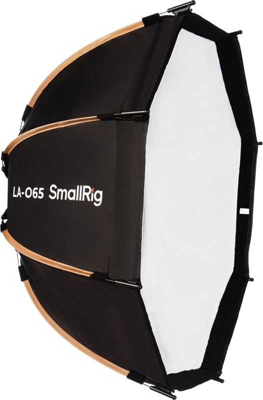 SmallRig 4874 Octagonal Softbox LA-O65 on musta kahdeksankulmainen softbox, jossa on valkoinen diffuusorimateriaali, ihanteellinen studiovalaistukseen valokuvauksessa tai videokuvauksessa.
