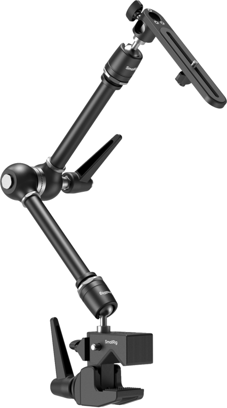 The SmallRig 4862 Super Clamp with Magic Arm Kit is a black metal adjustable clamp with multiple joints and attachments for cameras or accessories, with a basic clamp and platform for attaching equipment.