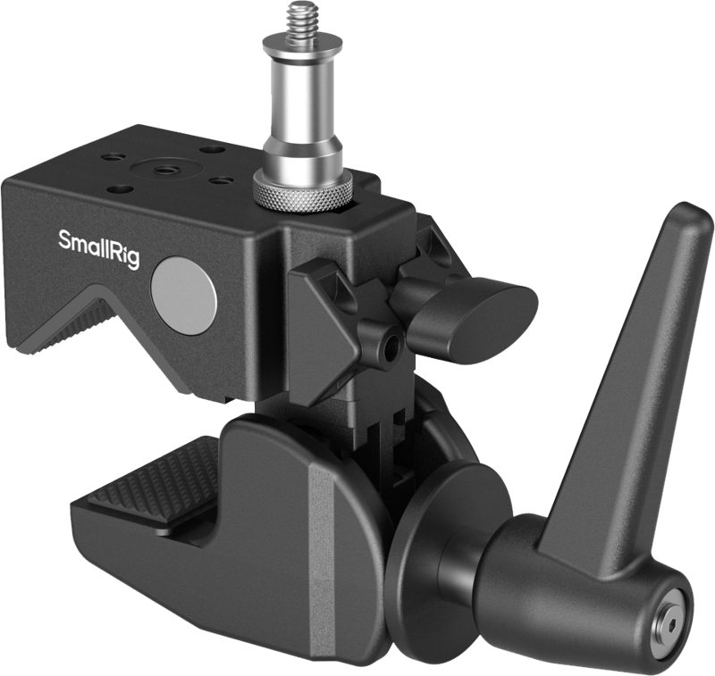 The SmallRig 4861 Super Clamp Support Kit is a black clamp with adjustable jaws, a top screw mount and a lever handle for tightening, designed to securely mount camera accessories.