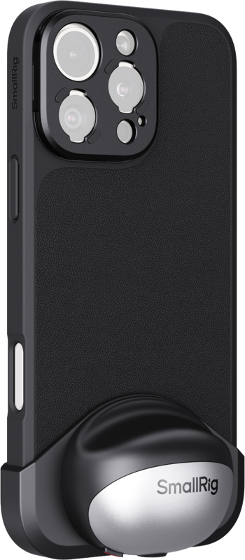 The iPhone 16 Pro Max in a textured case is mounted in a rounded black and silver SmallRig 4987 FilMov Lightweight Photography Case Kit with the camera lenses visible at the top.