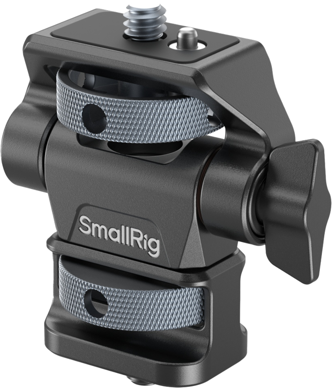 SmallRig 4886 Swivel and Tilt Adjustable Monitor Support, musta ja hopea, sisältää säädettävät nupit ja 1/4"-20 ruuvin yläosassa, jolla monitorit tai laitteet voidaan kiinnittää turvallisesti kamerarigiin.