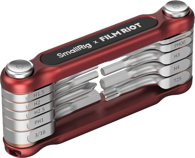 The SmallRig 4375 x FILM RIOT 10-in-1 folding wrench set (red) contains several screwdriver and hexagon wrenches neatly folded into a compact frame for versatile multi-angle set-up.