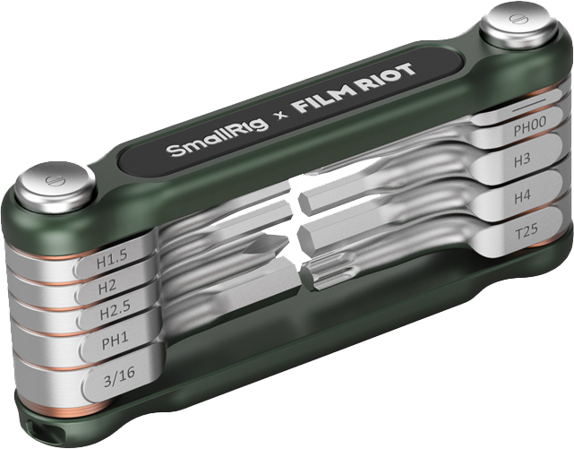 The SmallRig 4375 x FILM RIOT 10-in-1 Tilt Wrench Set (green) features multiple angle settings with collapsible screwdrivers and different sizes of hexagonal wrenches designed for compactness and convenience.