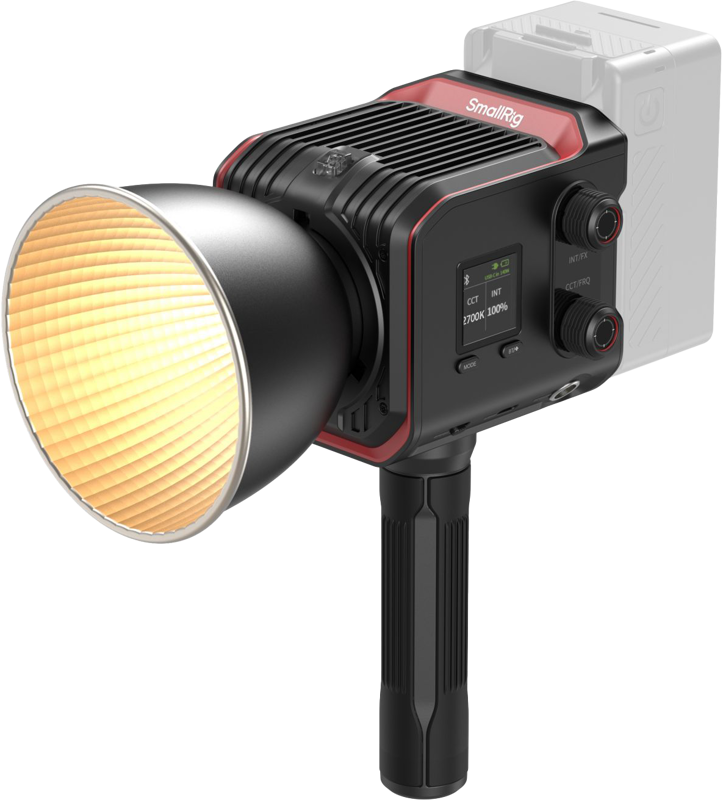 The SmallRig 4894 RC 100B COB LED video light (mobile version) is a black and red portable LED light with a handle, digital display, control knobs and a large reflector that emits a warm, diffused light.
