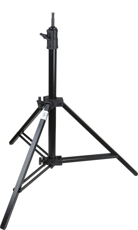 KUPO 163MB Steadicam Stand on musta, säädettävä kolmijalkainen valoteline, jossa on kolme leveää jalkaa, pystysuora keskipylväs ja lukitusmekanismit, jotka on suunniteltu valaisulaitteiden tukemiseen valokuvausta tai videokuvausta varten.