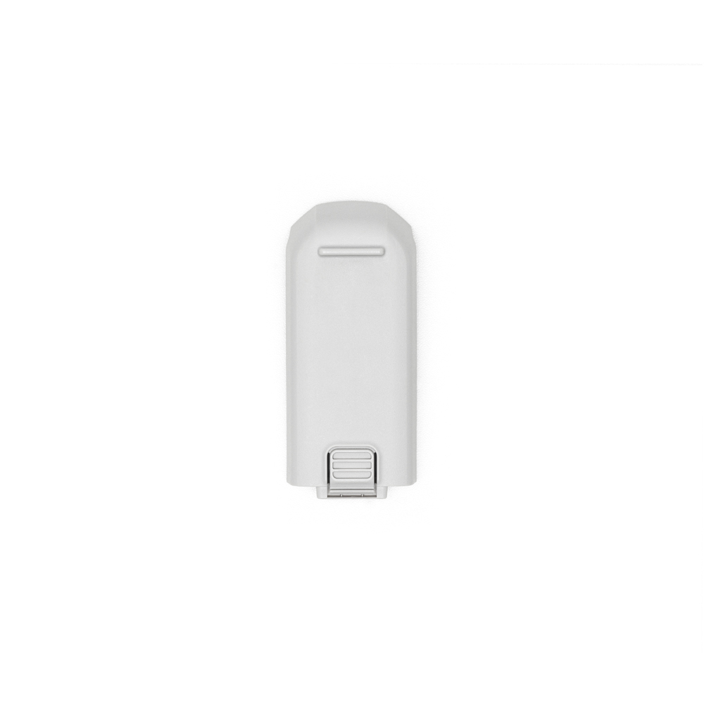 DJI Neo Intelligent Flight Battery -akku on pieni, valkoinen, suorakaiteen muotoinen laite, jossa on pyöristetyt reunat ja harmaa salpa pohjassa, ja joka näkyy valkoisella taustalla.