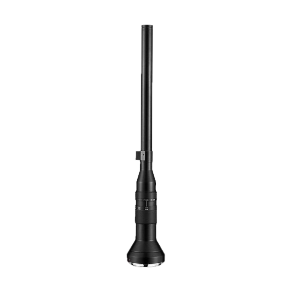 The Laowa 24mm f/14 Probe Macro - PL Cine lens stands vertically, with its long black tubular barrel and wide tripod visible against a light grey background.