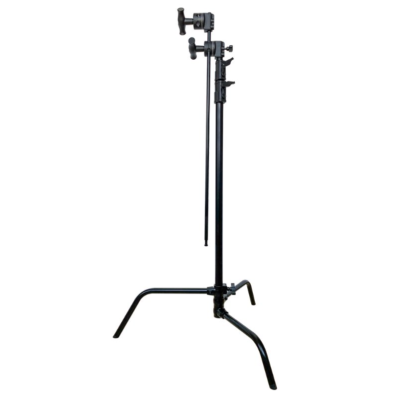 The black Kupo CS-30MKB 30" Master C-Stand With Sliding Leg Kit & Quick Release features an adjustable height, two angled support legs, a straight leg, locking knobs and an arm mount, ideal for photography and film production.