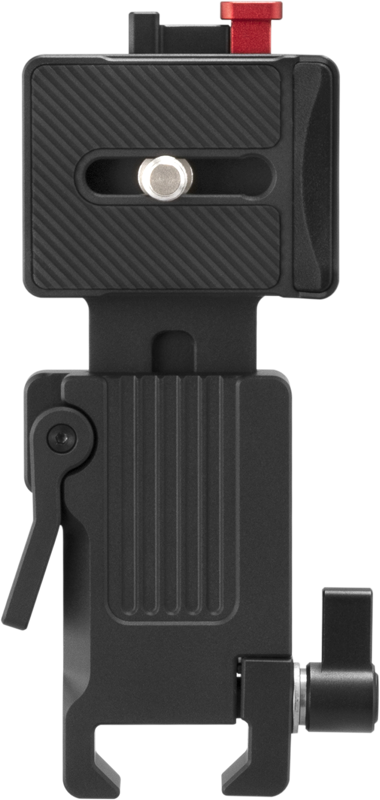 Zhiyun Universal Quick Release Plate for Crane M3 on musta ja hopeinen sovitin, jossa on punainen korostus, pystysuuntaiset urat ja säätövivut, jotka on suunniteltu laitteiden turvalliseen kiinnittämiseen.