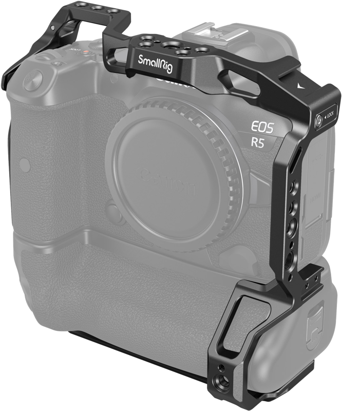 The black metal SmallRig 3464 Cage for Canon EOS R5/R6/R5C/R6 Mark II with BG-R10 Battery Grip is mounted on a Canon EOS R5 body, providing additional protection and accessory mounts, with a light grey background.