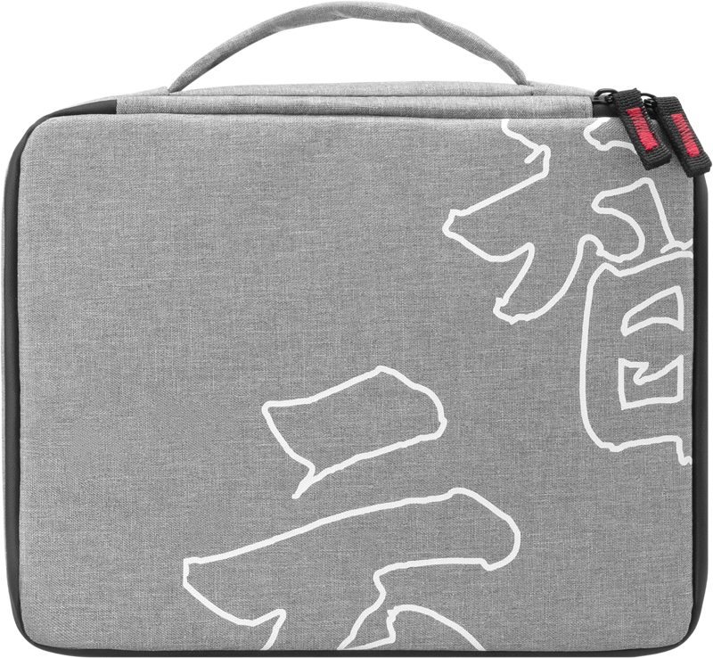 Zhiyun's storage bag for the Molus X100 has grey fabric, a handle, a black zipper with red accents, and white abstract or Asian-style markings on the front.