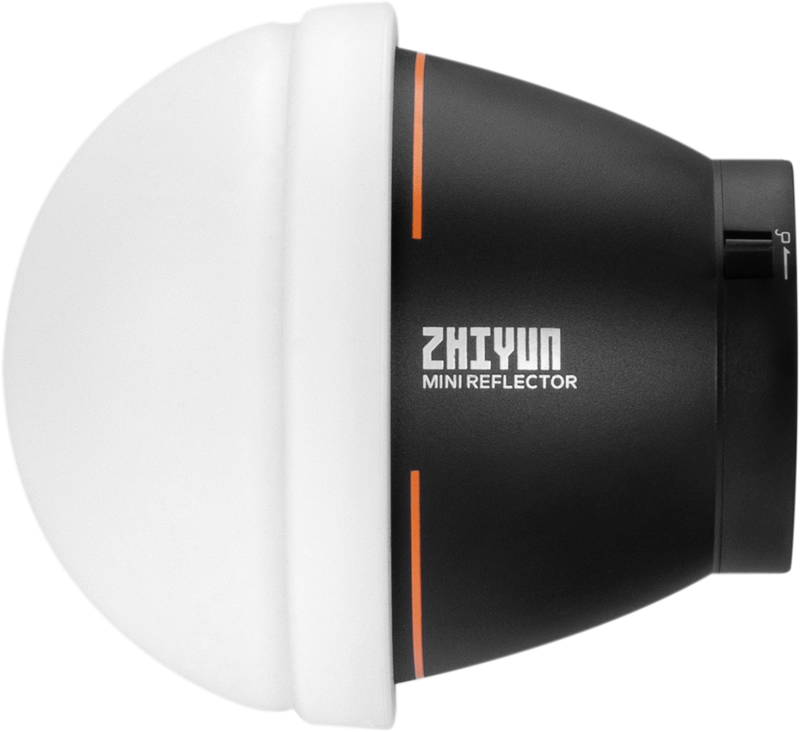 The Molus series Zhiyun Dome Diffusion (Mini) has a black cylindrical body with orange accents, a large white dome diffuser at one end and the brand name printed in white on the side.