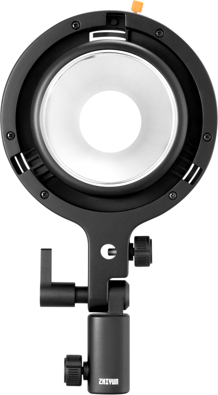 Ympyränmuotoinen musta Zhiyun Bowens Mount Adapter B (ZY Mount) Molus X100 -kameraan, jossa on säädettävät kiinnitystarvikkeet, edestä kuvattuna vaaleaa taustaa vasten.