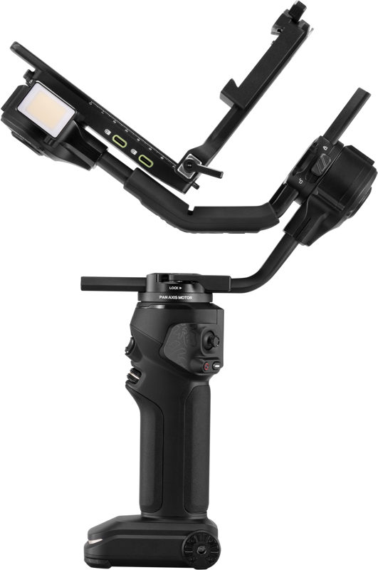 Zhiyun Crane 4 Combo, käsikannettava musta kameran kardaanivakaaja, jossa on säädettävä varsi ja ohjauspainikkeet, näkyy sivuprofiilissa valkoista taustaa vasten.